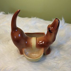 Vintage Mid Century Happy Dachshund Weiner Dog Ceramic Dresser Caddy
